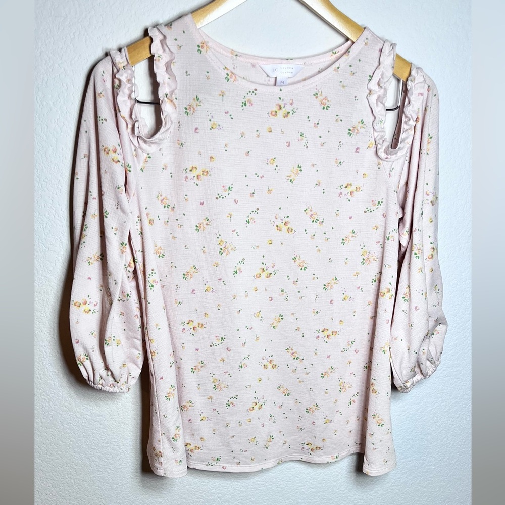 LC Lauren Conrad Women’s Pink Floral Blouse Cold Shoulders and Ruffle Details
